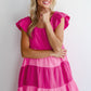 Pink Crinkled Colorblock Patchwork Flutter Tiered Mini Dress