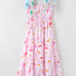 Pink Floral Print Knotted Shoulder Smocked Maxi Dress