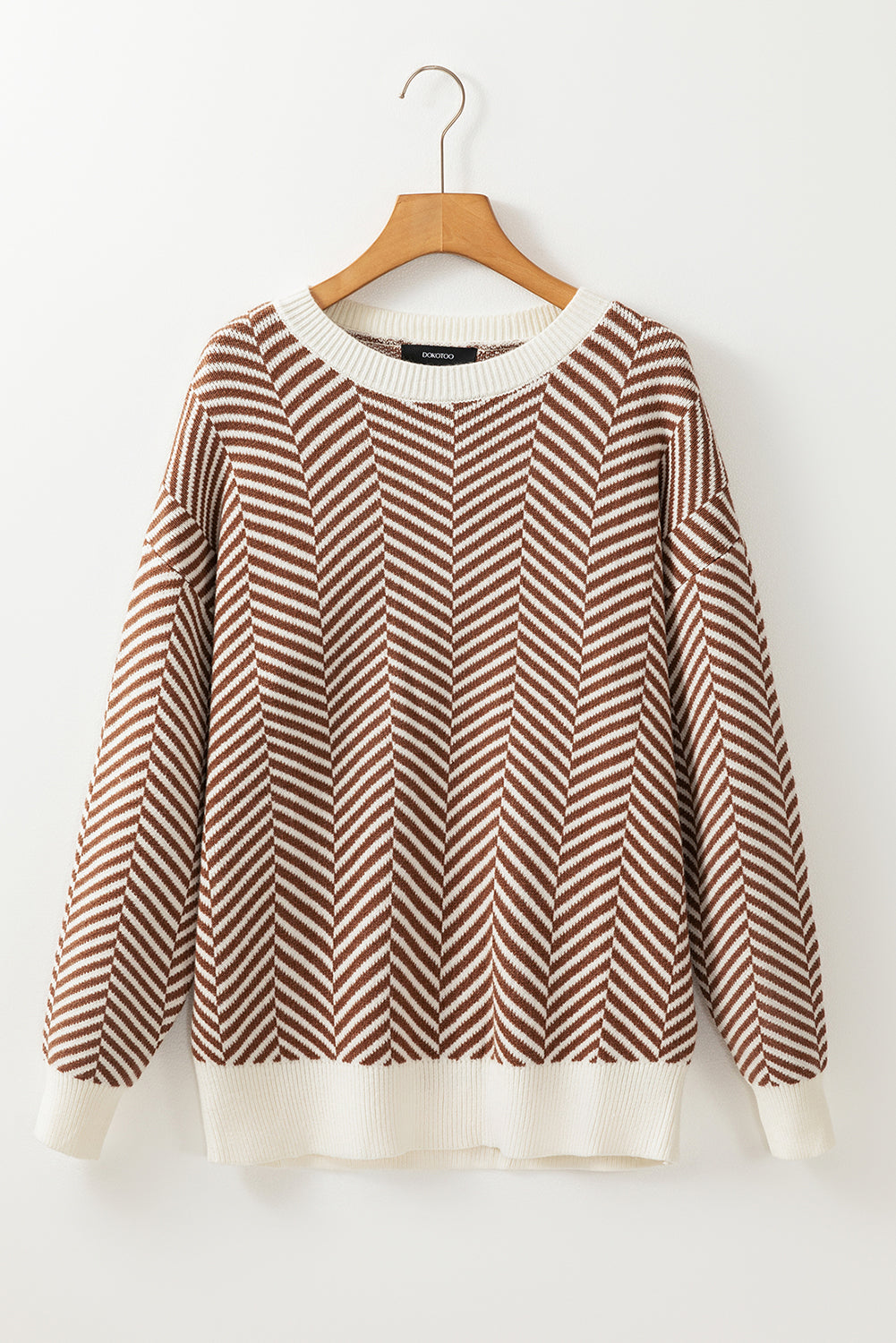 Coffee Contrast Edge Crew Neck Drop Shoulder Sweater