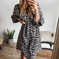 Black Leopard Print Elasticated V Neck 3/4 Puff Sleeve Dress