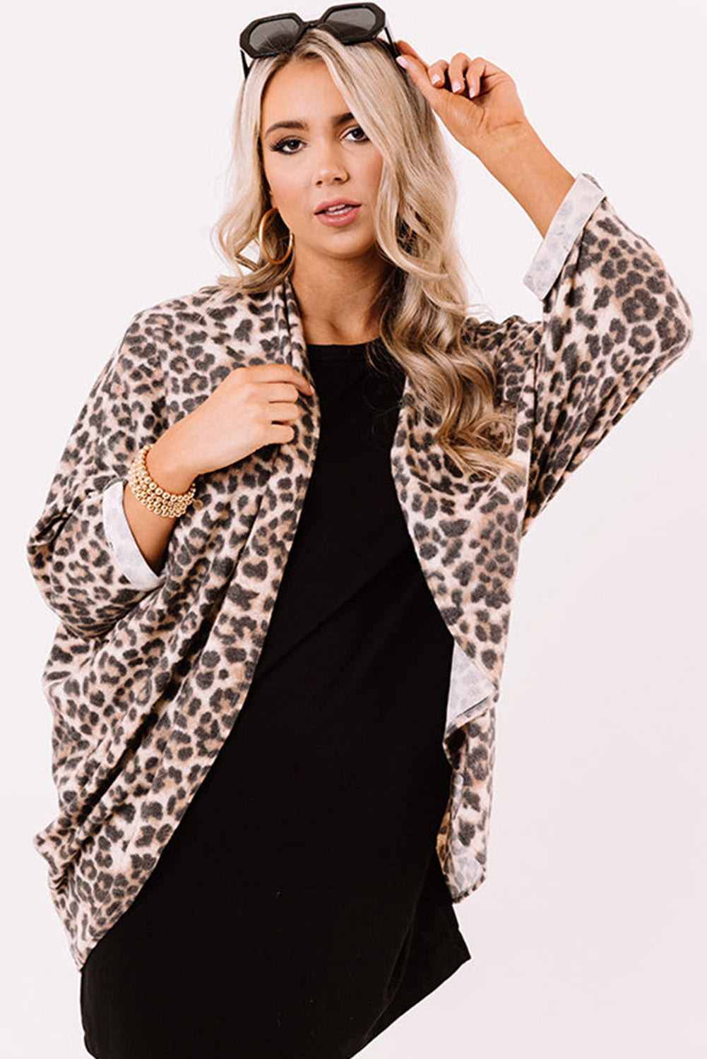 Khaki Leopard Print Batwing Sleeve Loose Tunic Cardigan