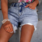 Beau Blue Pearl Studded Pockets Raw Hem Denim Shorts