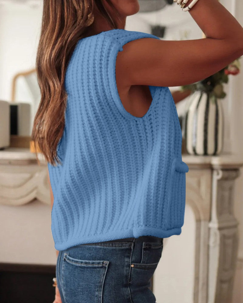 V Neck Sleeveless Button Front Knit Vest Casual Loose Fit Sweater Top with Pockets