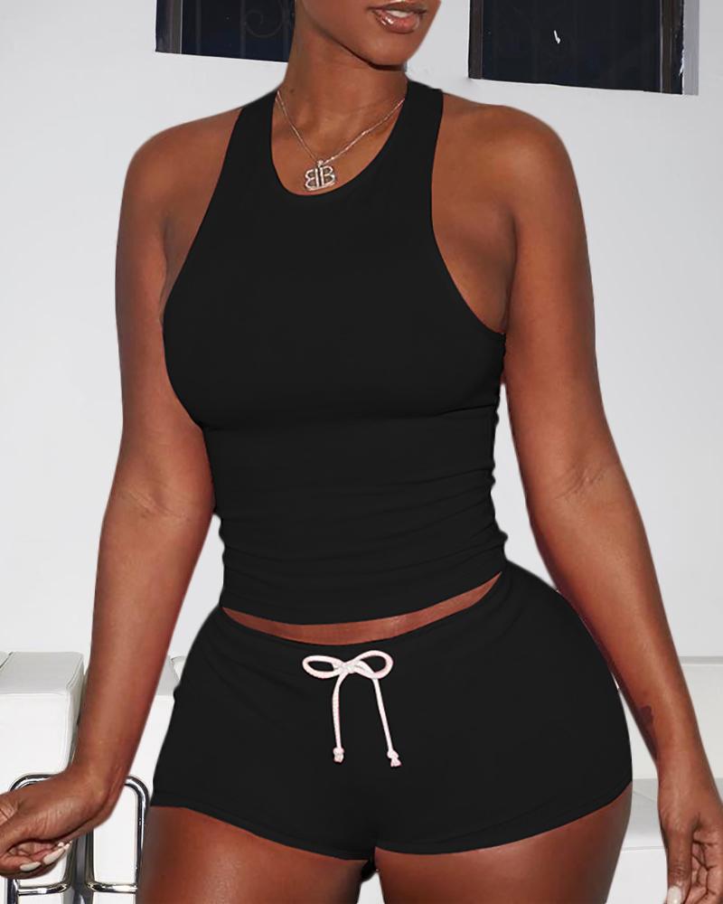 O neck Racer Back Top & Drawstring Shorts Set