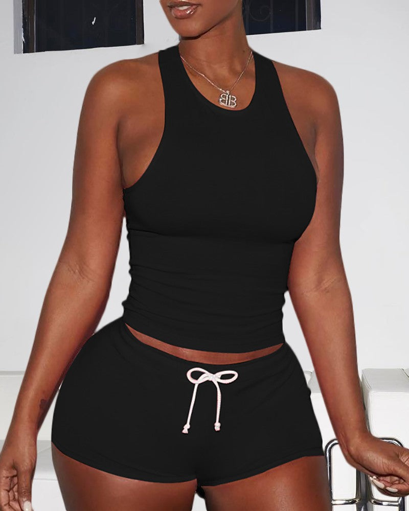 O neck Racer Back Top & Drawstring Shorts Set