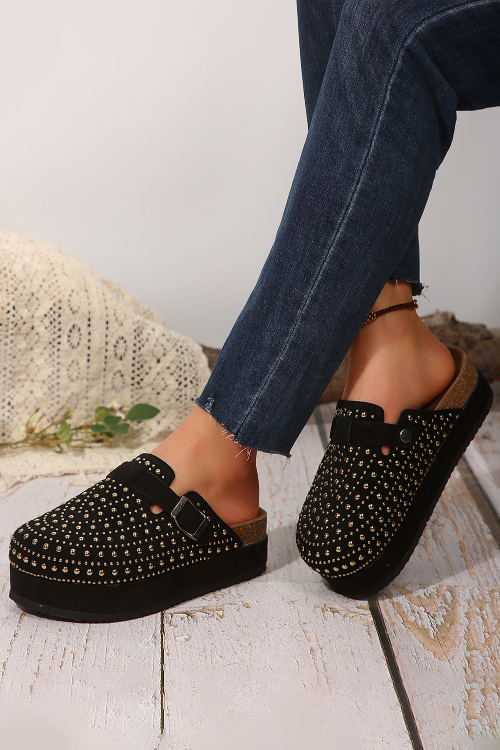 Black Rivet Buckle Closed Toe Platform Slippers