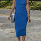 Dark Blue Solid Ribbed Knit Sheath Sleeveless Midi Sweater Dress