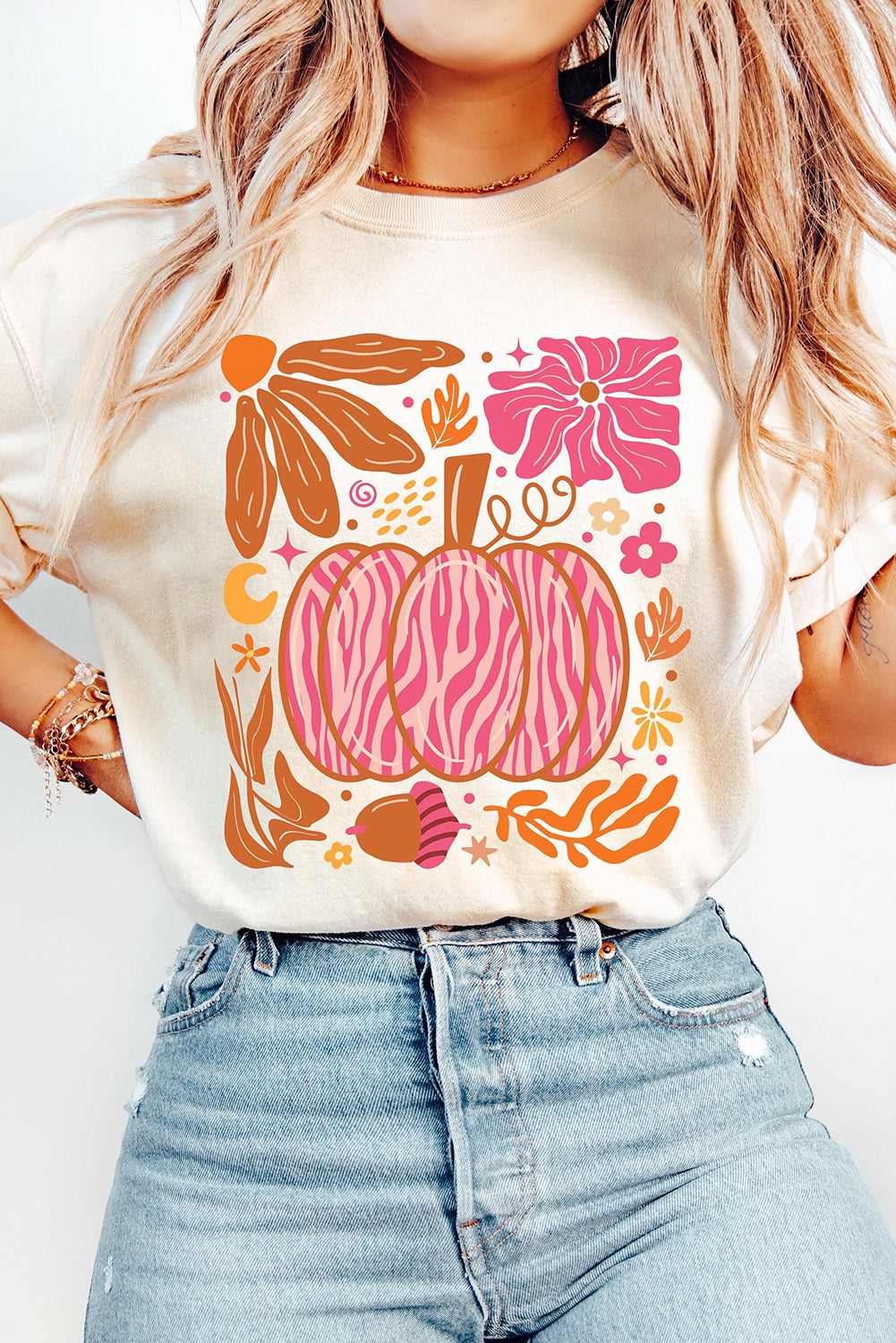 White Floral Pumpkin Printed Crewneck Thanksgiving T Shirt