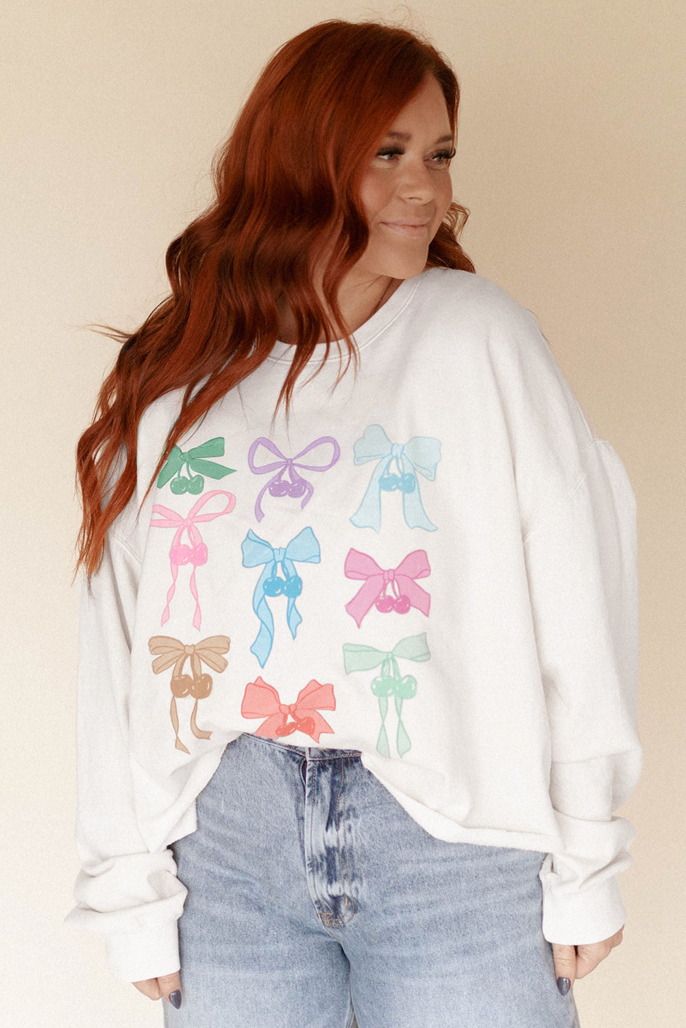 White Bowknot Pattern Drop Shoulder Loose Sweatshirt