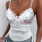 Floral Embroidery Plunge Bowknot Decor Drawstring Ruched Spaghetti Strap Tank Romantic Top