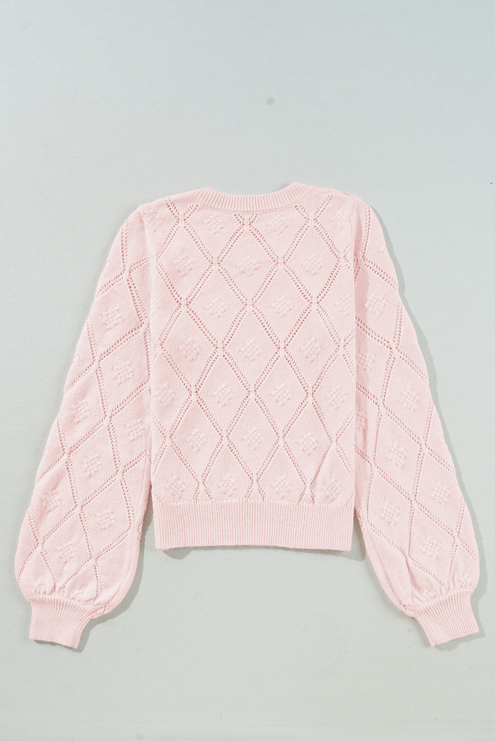 Gossamer Pink Openwork Plaid Puff Sleeve Cropped Sweater