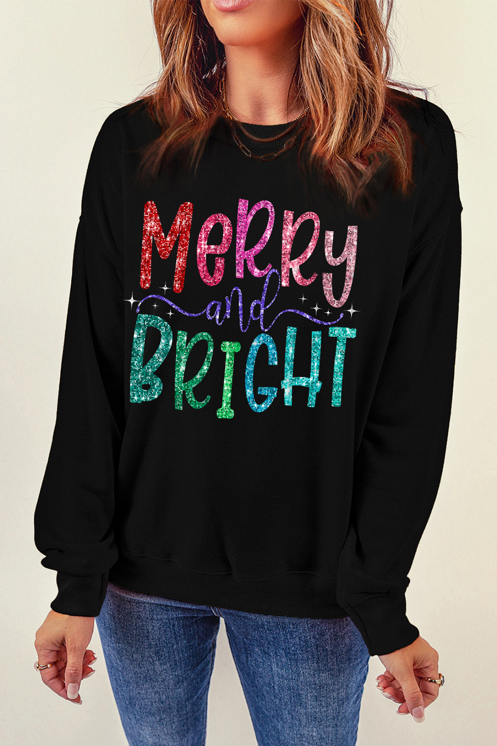 Black Glittering Merry and Bright Graphic Christmas Pullover Sweatshirt