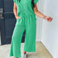 Bright Green Solid Corded Knit Short Sleeve T Shirt and Wide Leg Pants Set