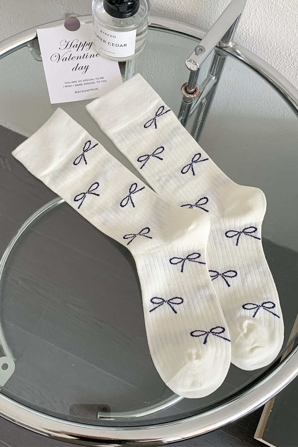 White Bow Knot Print Ribbed Crew Socks