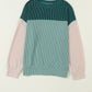 Green Color Block Long Sleeve Ribbed Loose Top