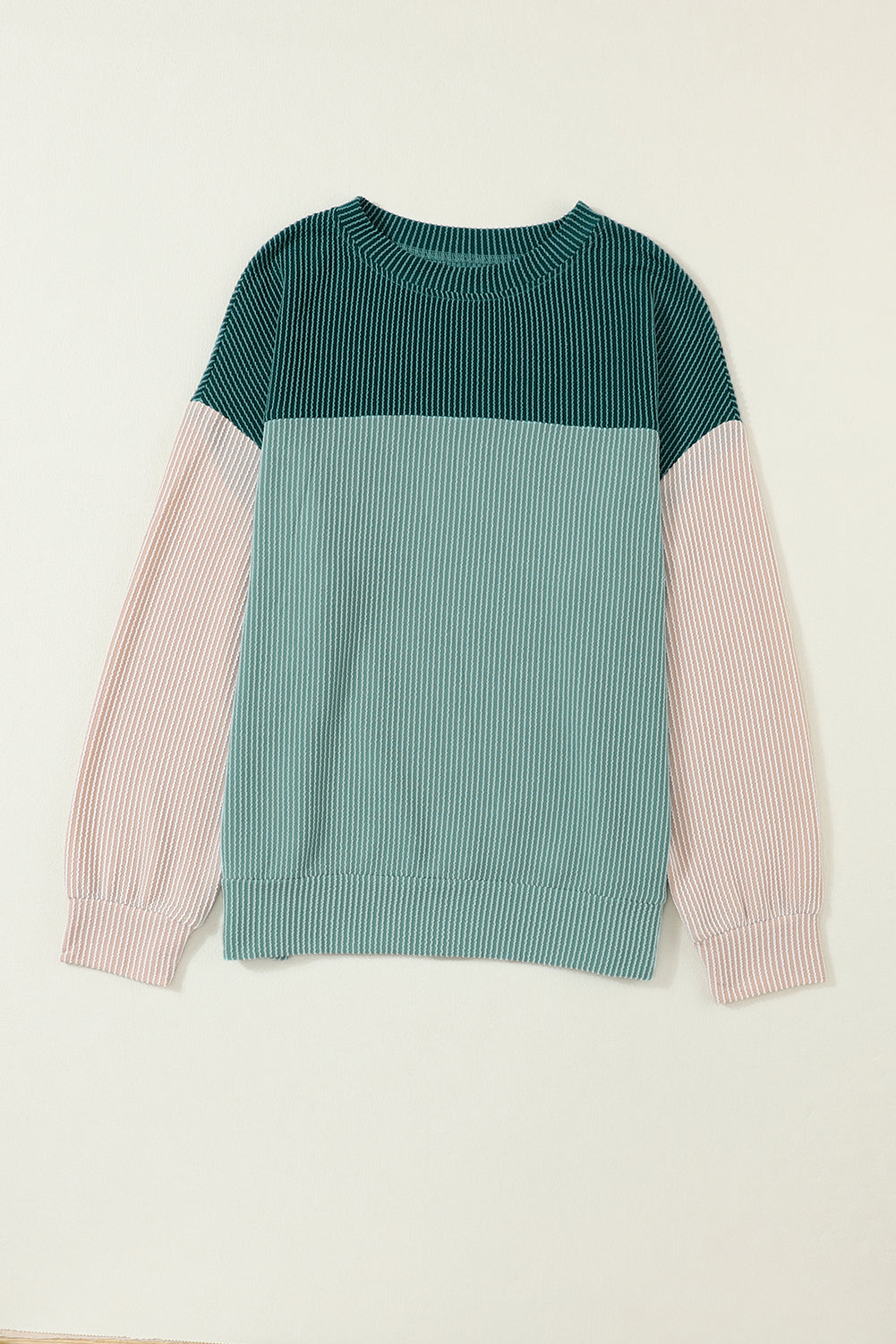 Green Color Block Long Sleeve Ribbed Loose Top