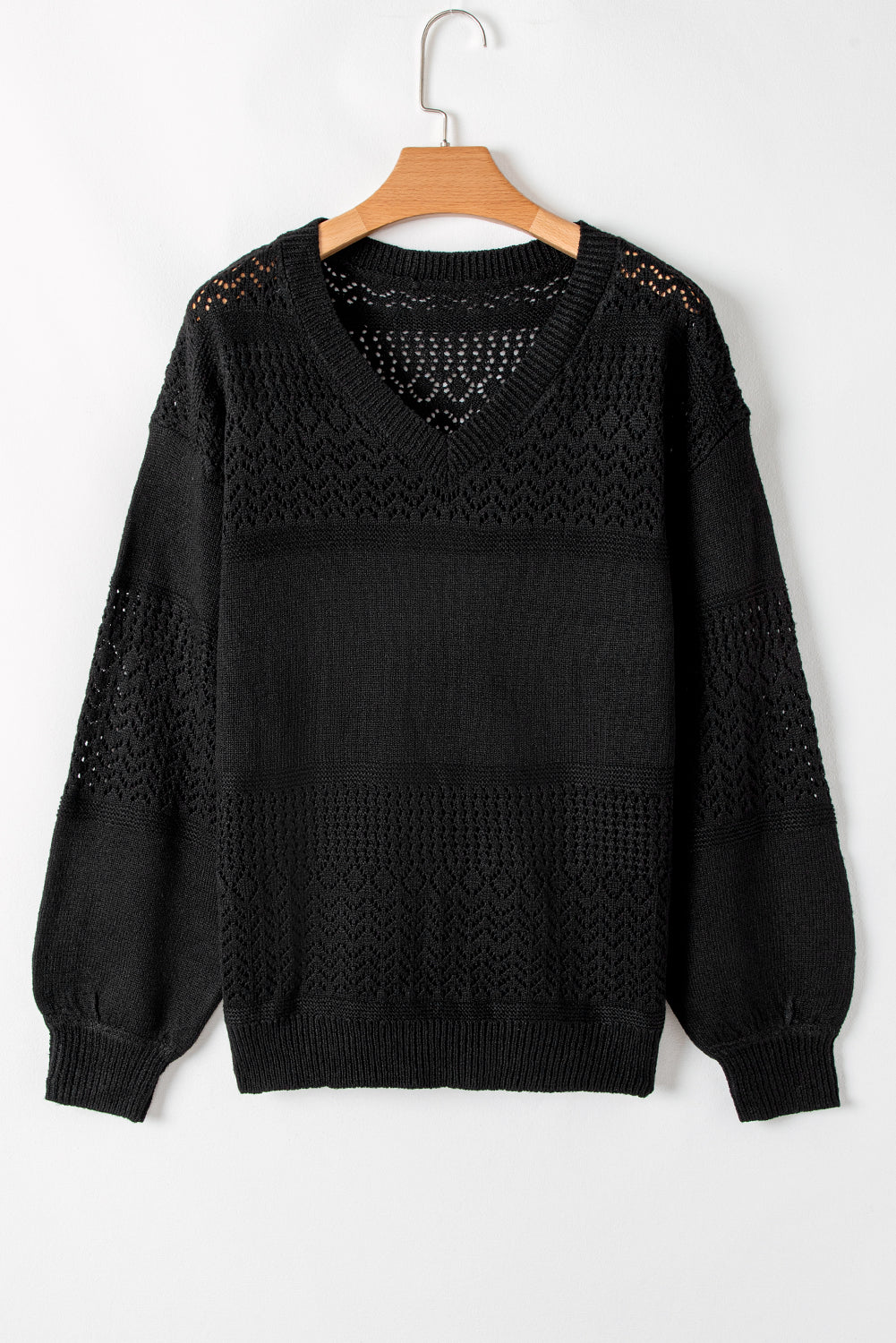 Black Eyelet Pattern Detail V Neck Drop Shoulder Sweater