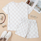 Beige Checkered V Neck Tee Drawstring Shorts Lounge Set