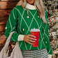 Dark Green Diamond Pattern Pom Accents Contrast Trim High Neck Sweater