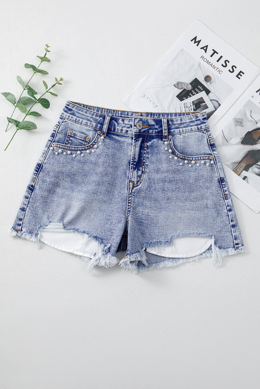 Beau Blue Pearl Studded Pockets Raw Hem Denim Shorts