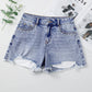 Beau Blue Pearl Studded Pockets Raw Hem Denim Shorts