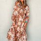 Brown Floral Print Shirred Square Neck High Waist Maxi Dress