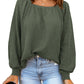 Green Scoop Neck Puff Sleeve Waffle Knit Top