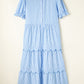 Sky Blue Stripe Bubble Short Sleeve Tiered Scallop Long Dress