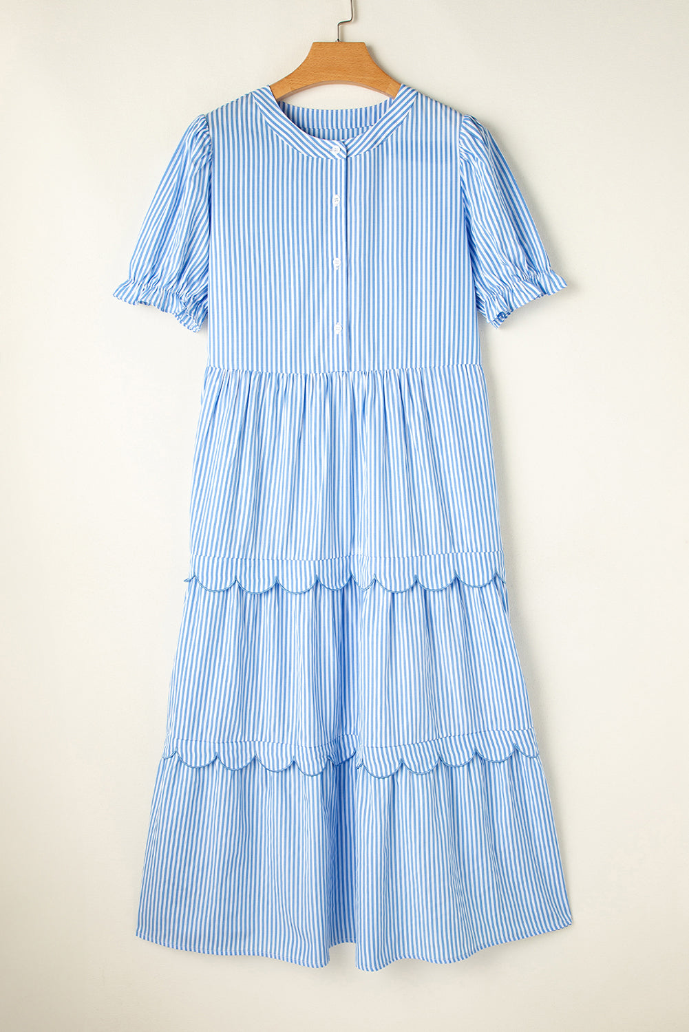 Sky Blue Stripe Bubble Short Sleeve Tiered Scallop Long Dress