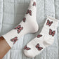 White Butterfly Pattern Ribbed Edge Soft Crew Socks