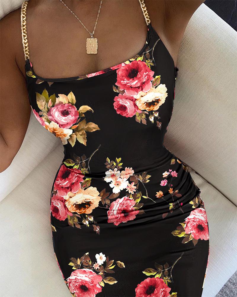 Floral Print Chain Decor Bodycon Dress