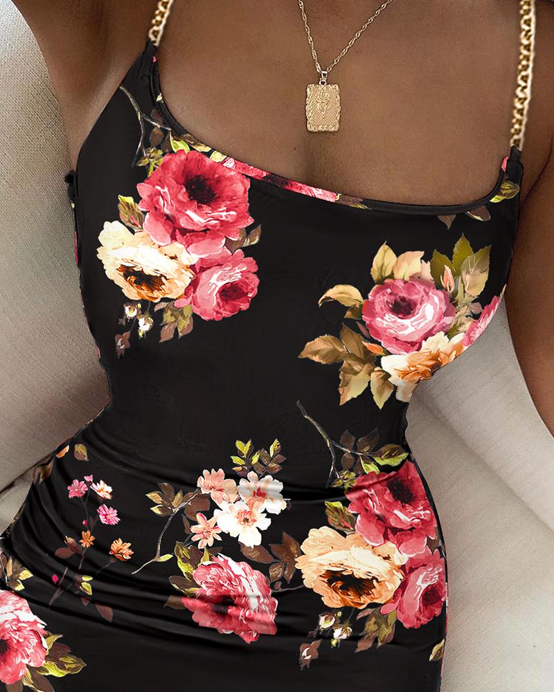 Floral Print Chain Decor Bodycon Dress