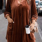 Coffee Plus Size V Neck Collared Pleated Back Rounded Hem Velvet Dress