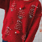 Racing Red Rhinestone Bow Pearl Decor Christmas Tree Round Neck Sweater