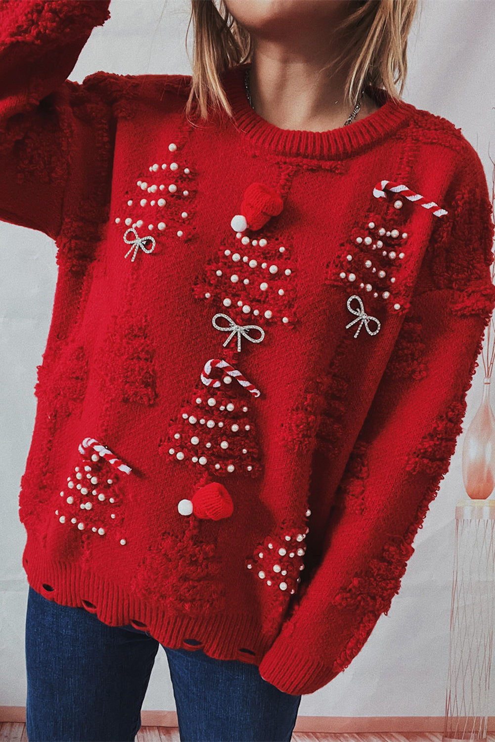 Racing Red Rhinestone Bow Pearl Decor Christmas Tree Round Neck Sweater