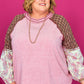 Pink Checkered Paisley Patchwork Raglan Sleeve Seamed Plus Size Top