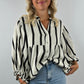 Black Stripe Crinckled Ruffled Sleeve Button up Loose Shirt