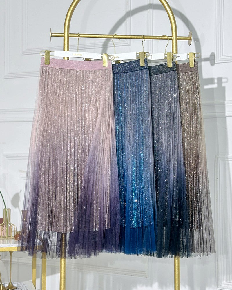 Ombre Sheer Mesh Patch A Line Pleated Glitter Skirt