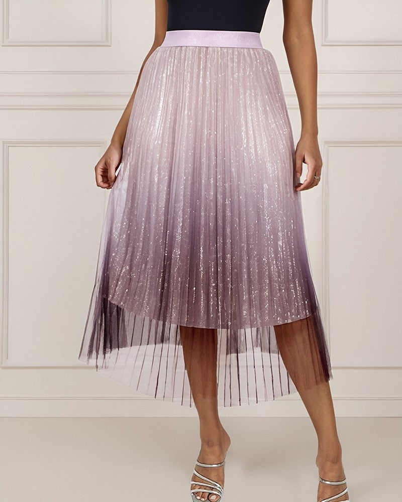 Ombre Sheer Mesh Patch A Line Pleated Glitter Skirt