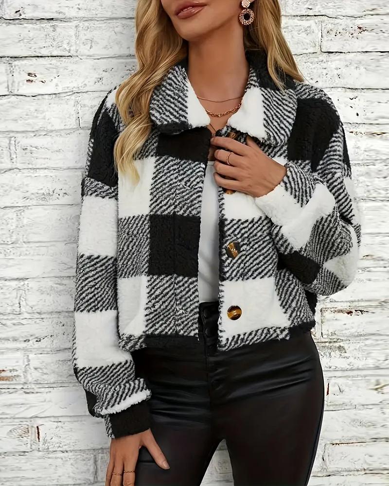 Plaid Pattern Turn down Collar Button Front Teddy Coat