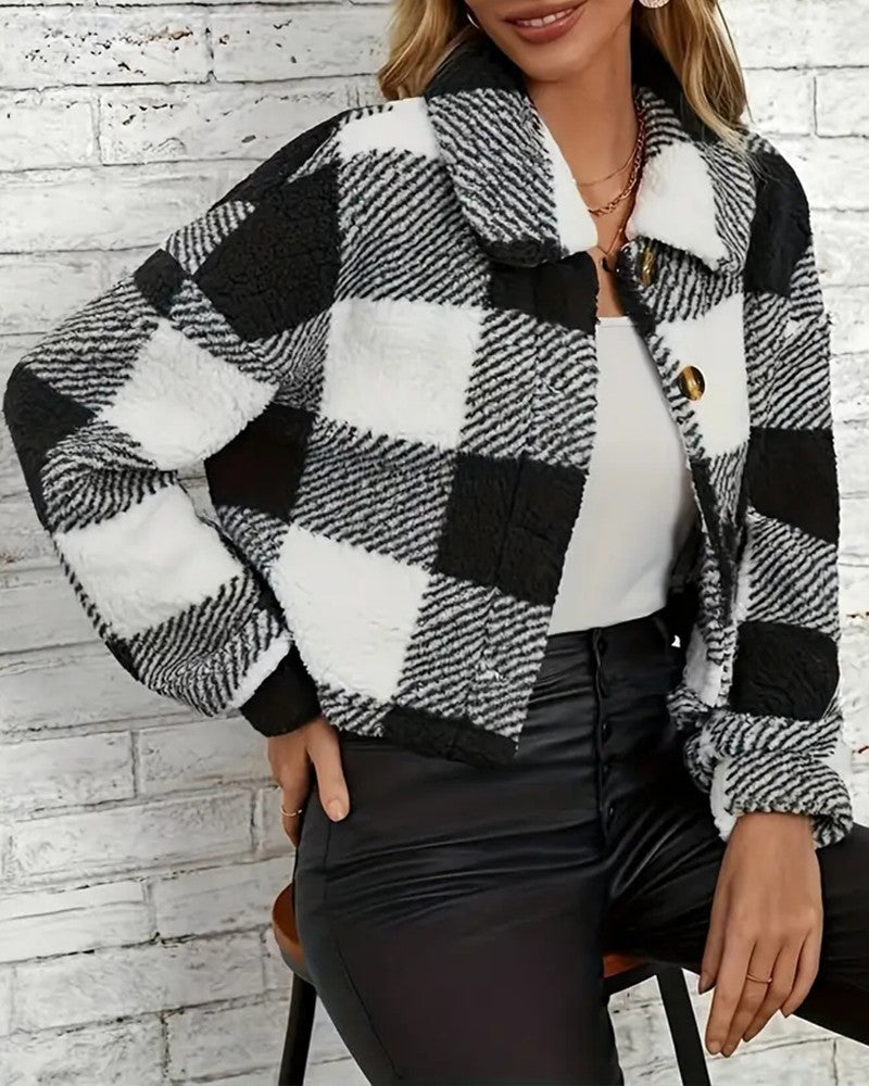 Plaid Pattern Turn down Collar Button Front Teddy Coat