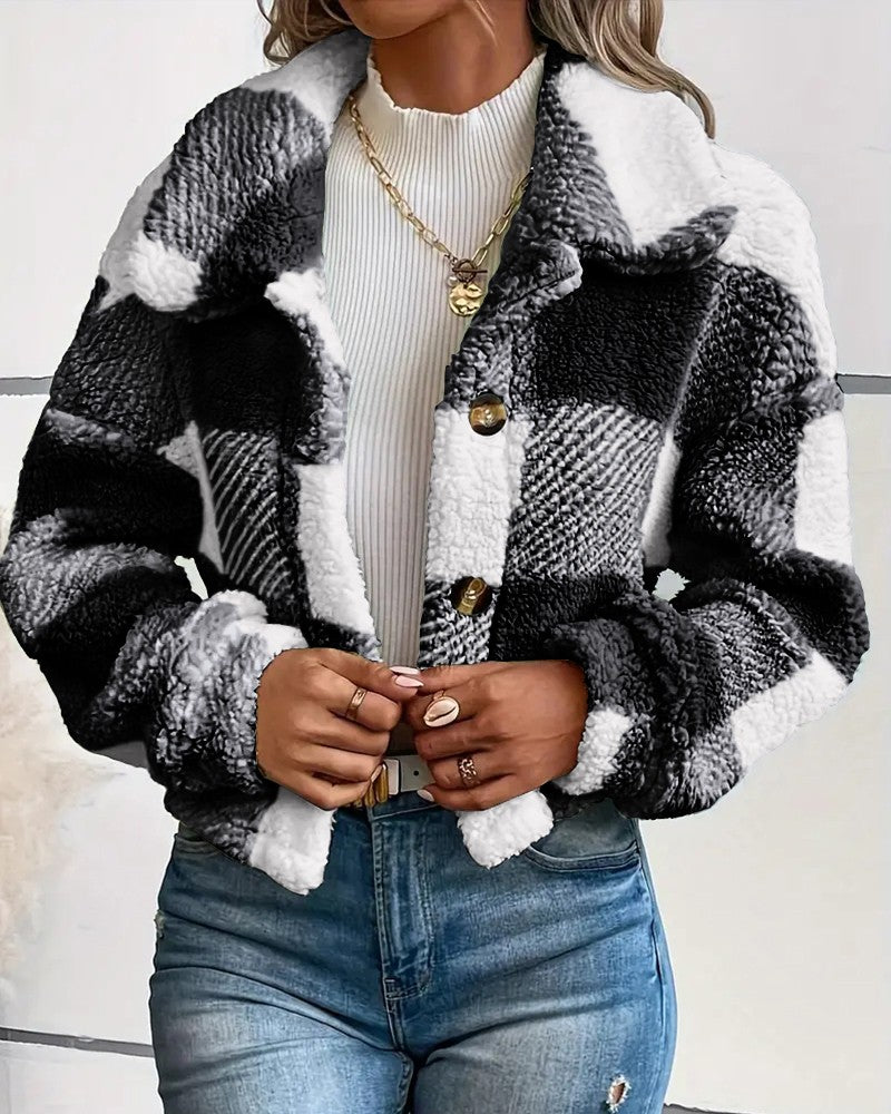 Plaid Pattern Turn down Collar Button Front Teddy Coat