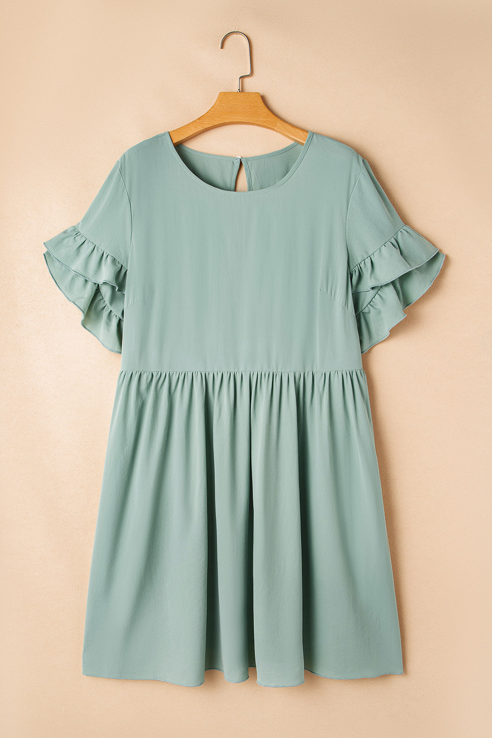 Grass Green Ruffle Trim Short Sleeve Plus Size Flared Mini Dress