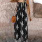 Graphic Print Square Neck Thick Strap Shirred Jumpsuit Wide Leg Overalls with Pockets