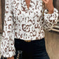 Khaki Leopard Print Split Neck Balloon Sleeve Blouse