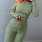 2 Piece Skew Neck Long Sleeve Pullover Ribbed Top & Stretchy Tied Detail Waist Pants Outfits Set