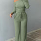 2 Piece Skew Neck Long Sleeve Pullover Ribbed Top & Stretchy Tied Detail Waist Pants Outfits Set