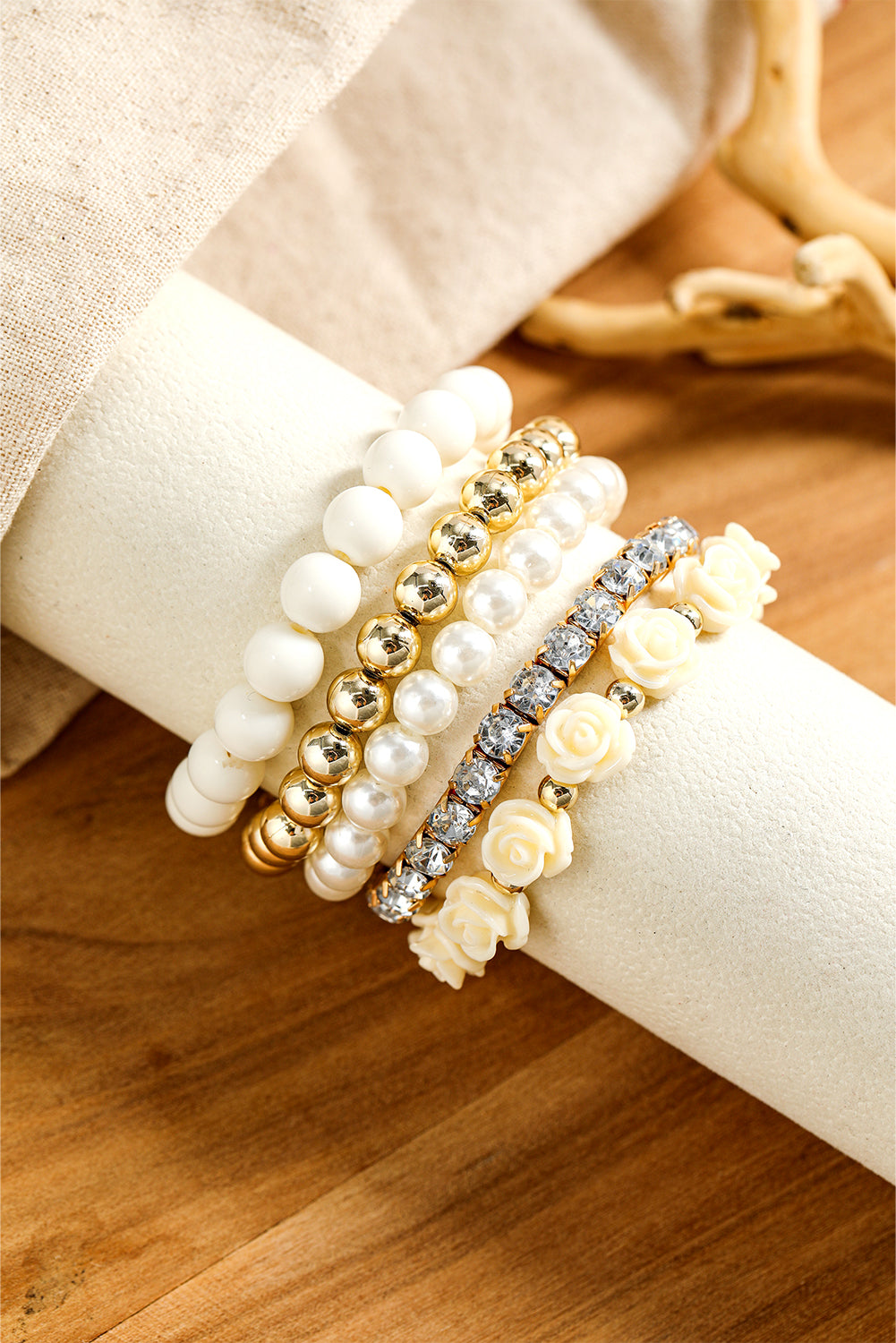 White Flower Rhinestone Beaded Multi Layer Bracelet Set