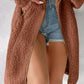 Contrast Binding Lapel Teddy Coat Open Front Longline Winter Outwear Jackets with Pockets