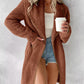 Contrast Binding Lapel Teddy Coat Open Front Longline Winter Outwear Jackets with Pockets